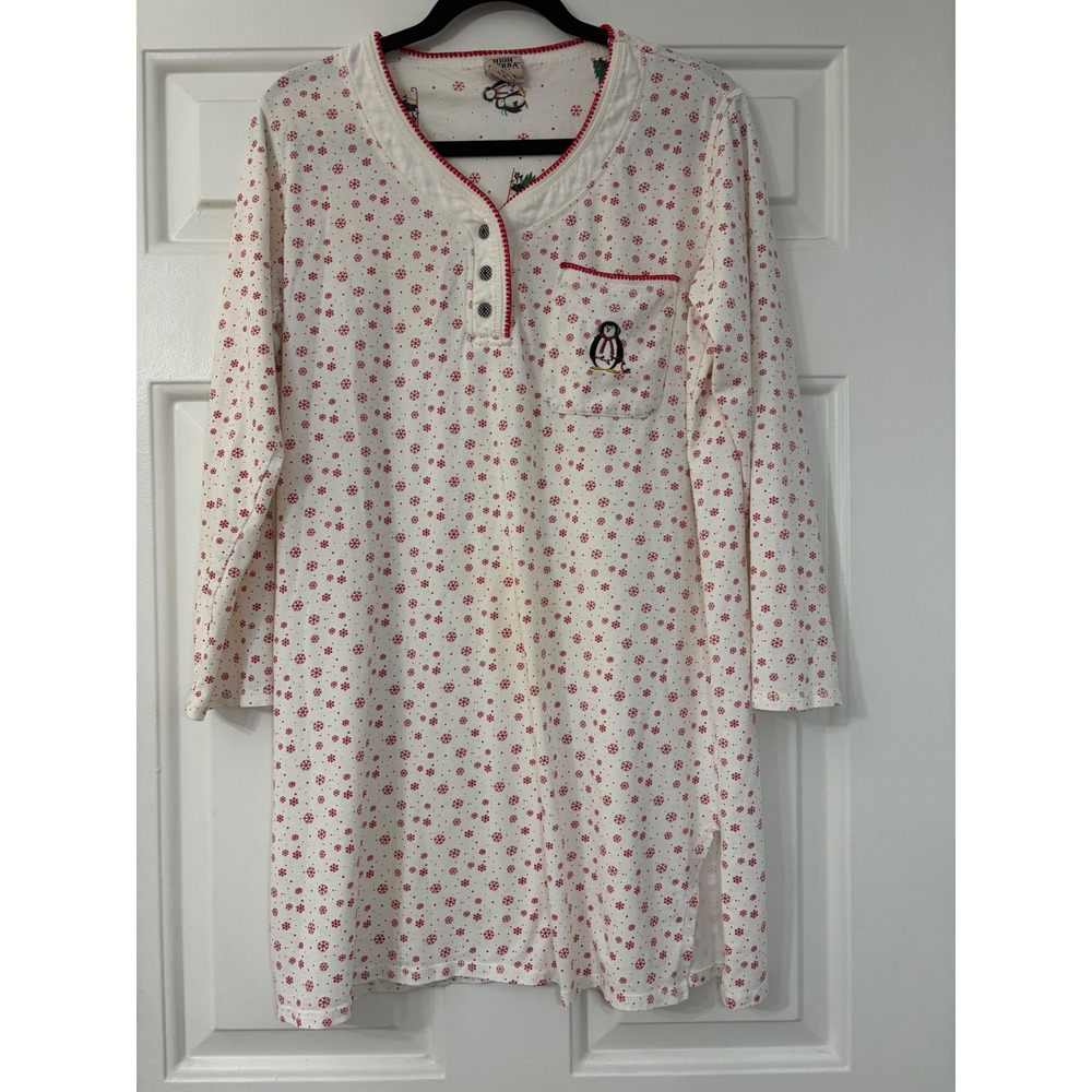 High Sierra | Snowflake Penguin Henley Nightgown | M || White Red|
